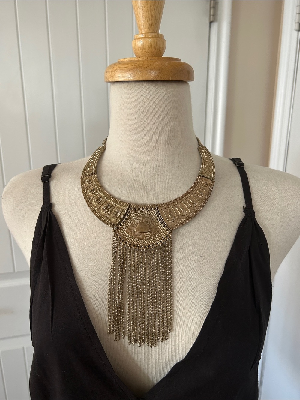 Vintage Gold-Tone Statement Fringe Bib Necklace